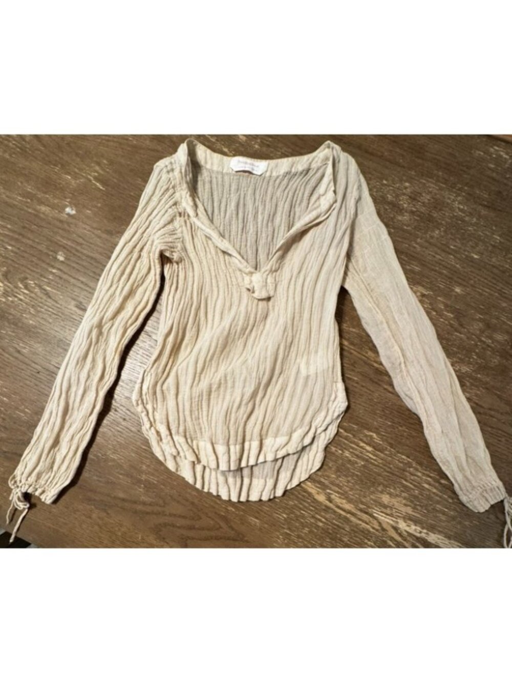 See by Chloé Sand Crinkle Plissé Cuff Gauze V-Neck Long Sleeve Top Bohemian